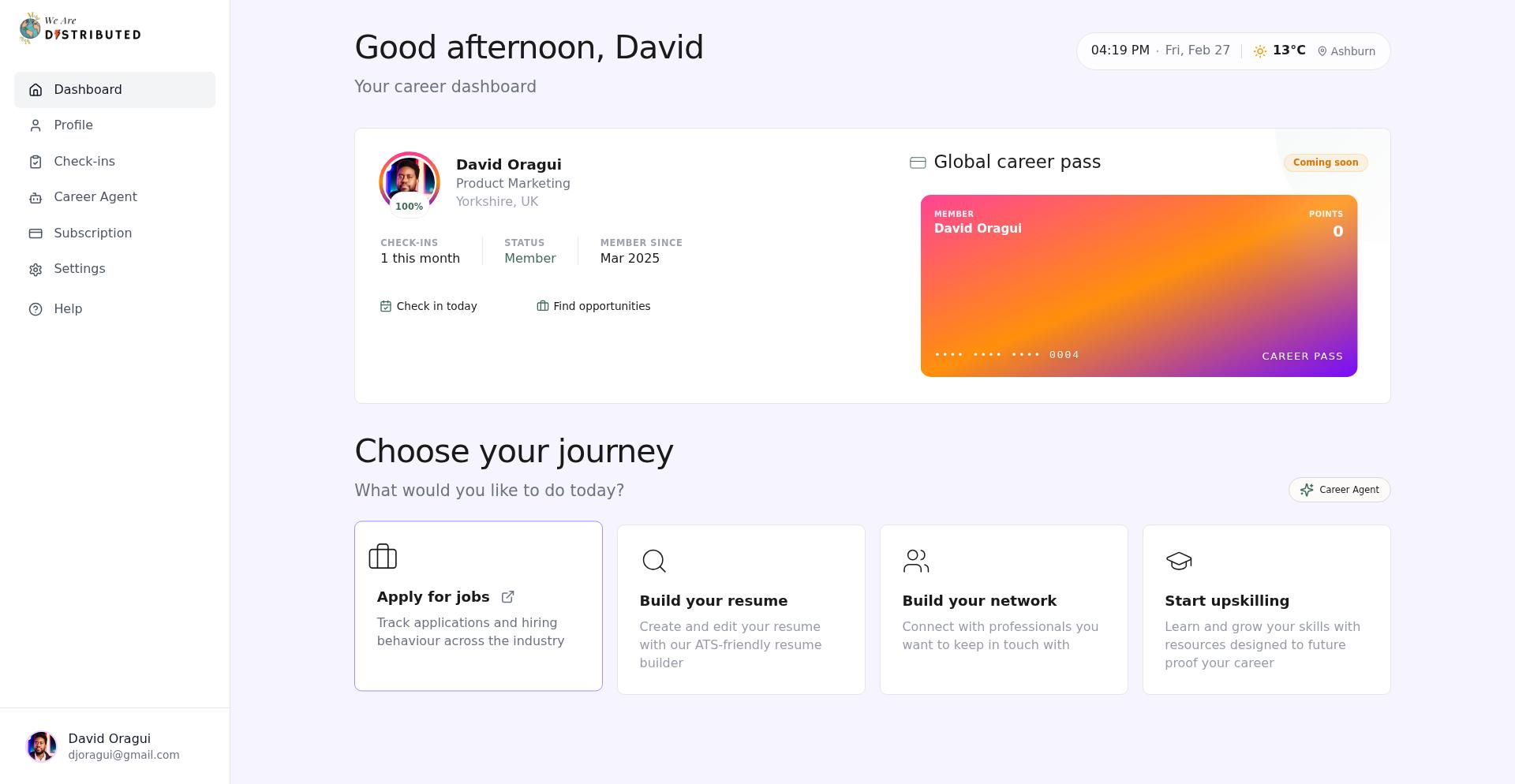 Dashboard showing Settings navigation