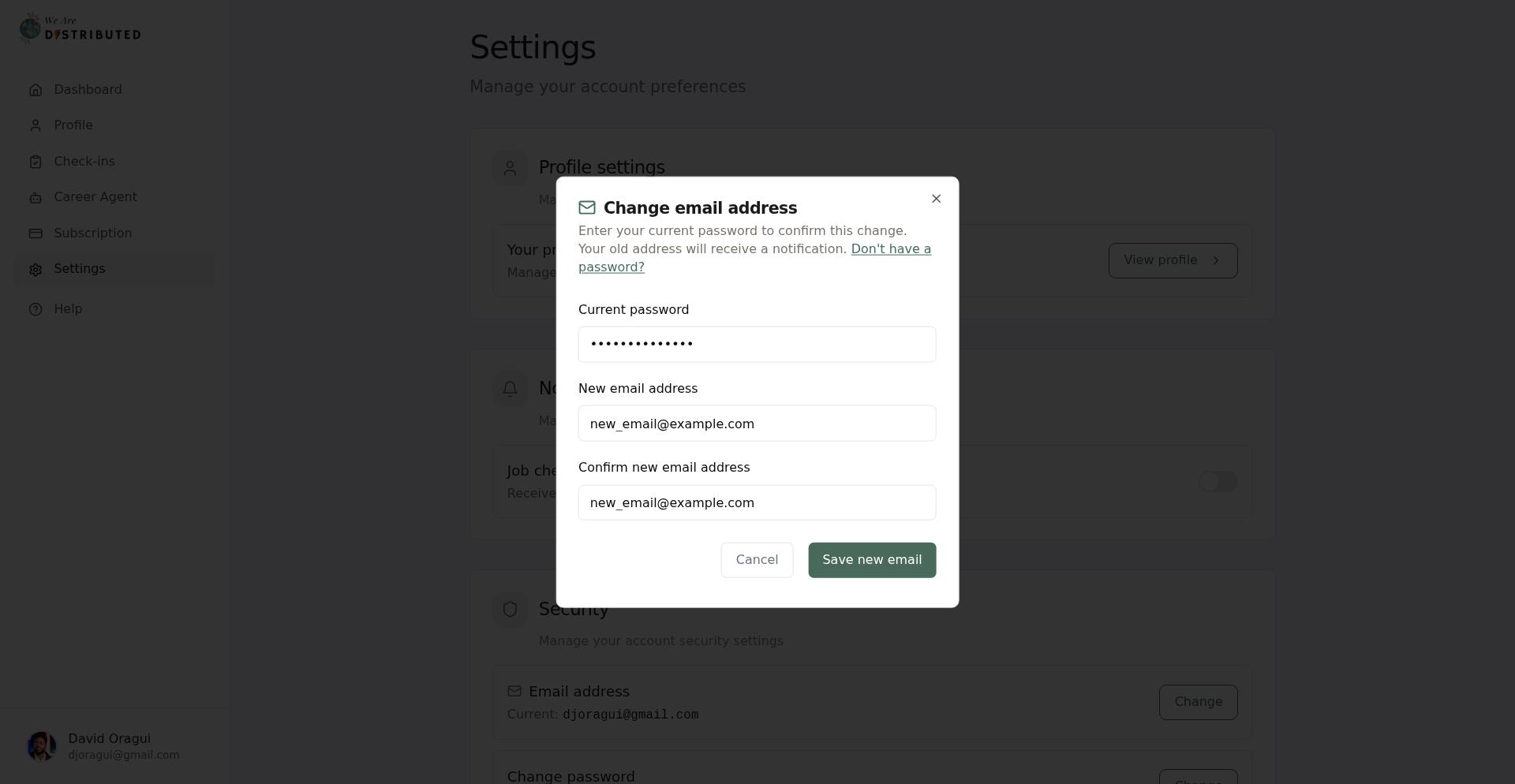Success message confirming email address change