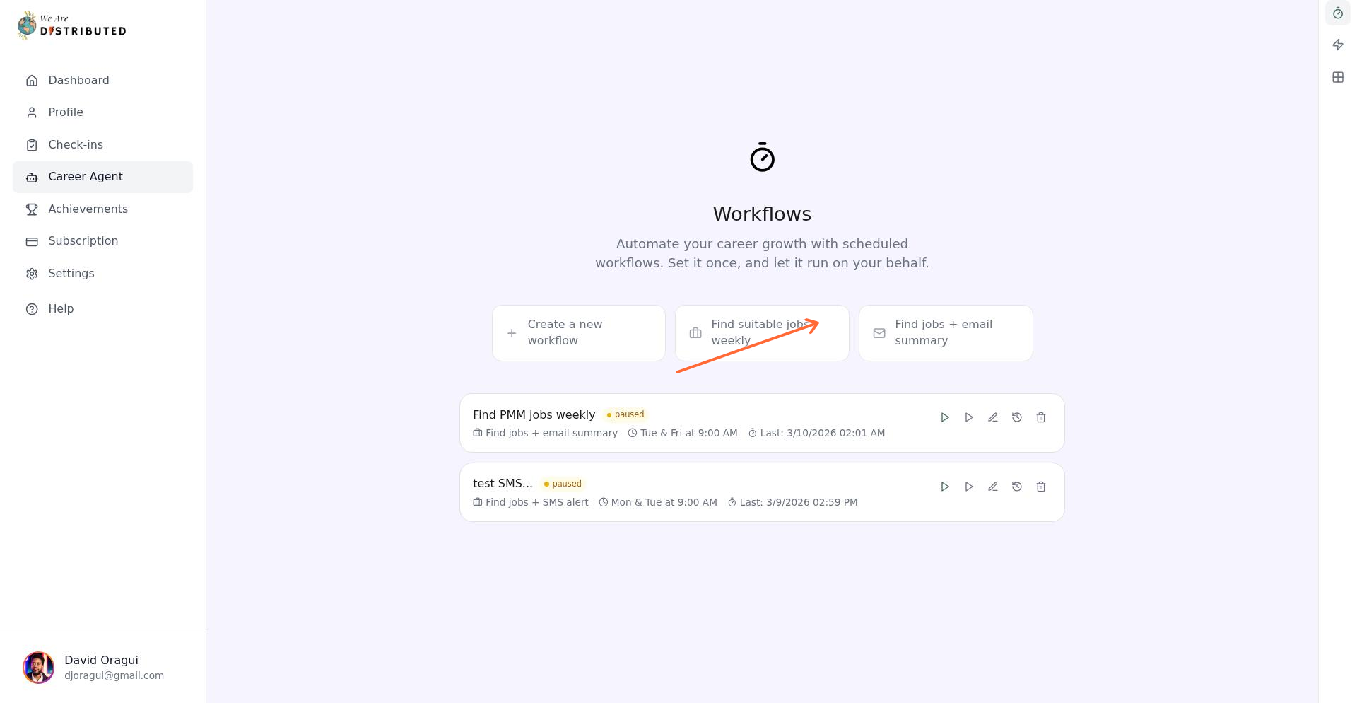 Career Agent workflows section showing email and SMS notification options