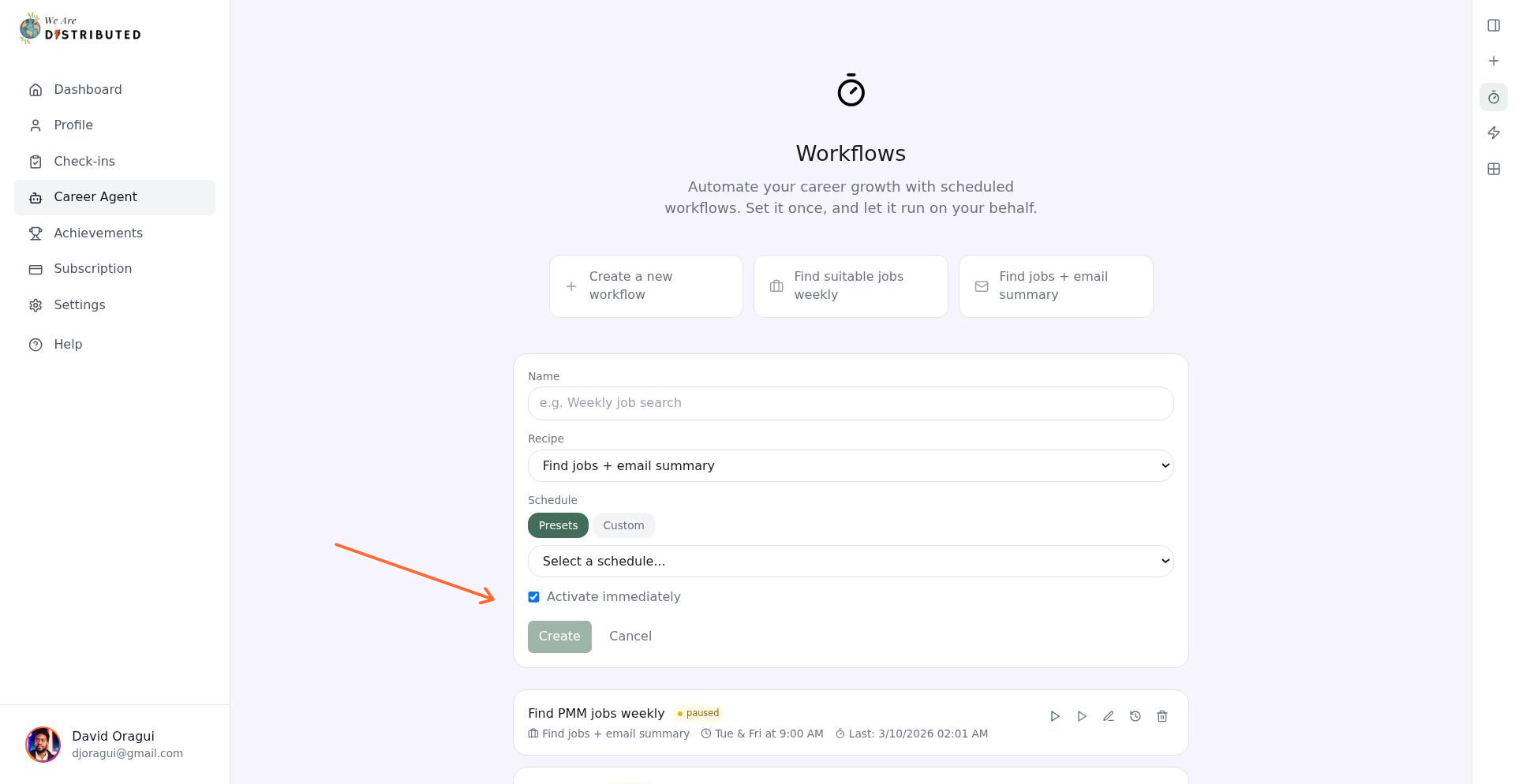 Workflow creation form with name, schedule, and activate immediately options