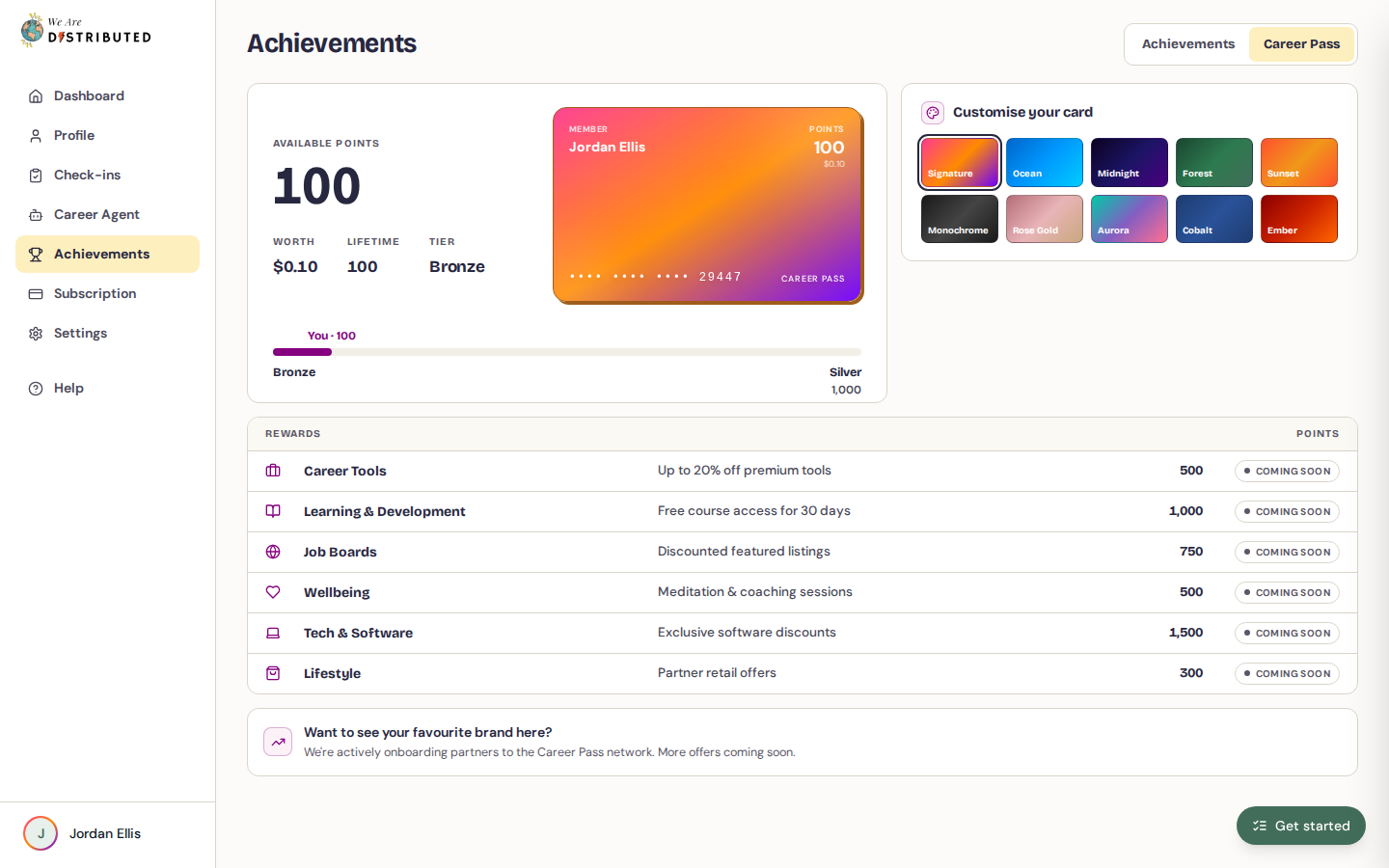 Career Pass tab showing the card, available points, tier progress, Customise your card and rewards