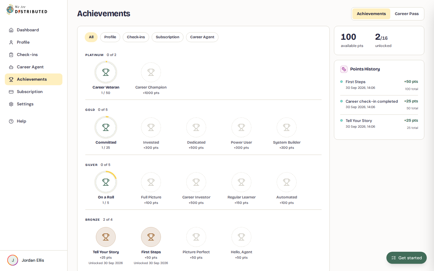 Achievements tab with filter pills, tier shelves and Points History