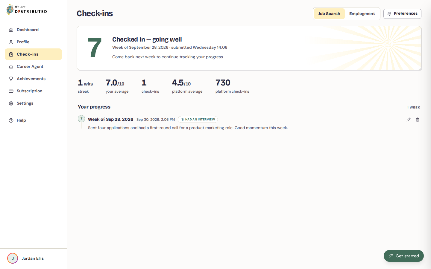 Check-ins page showing a completed check-in, stats and progress history