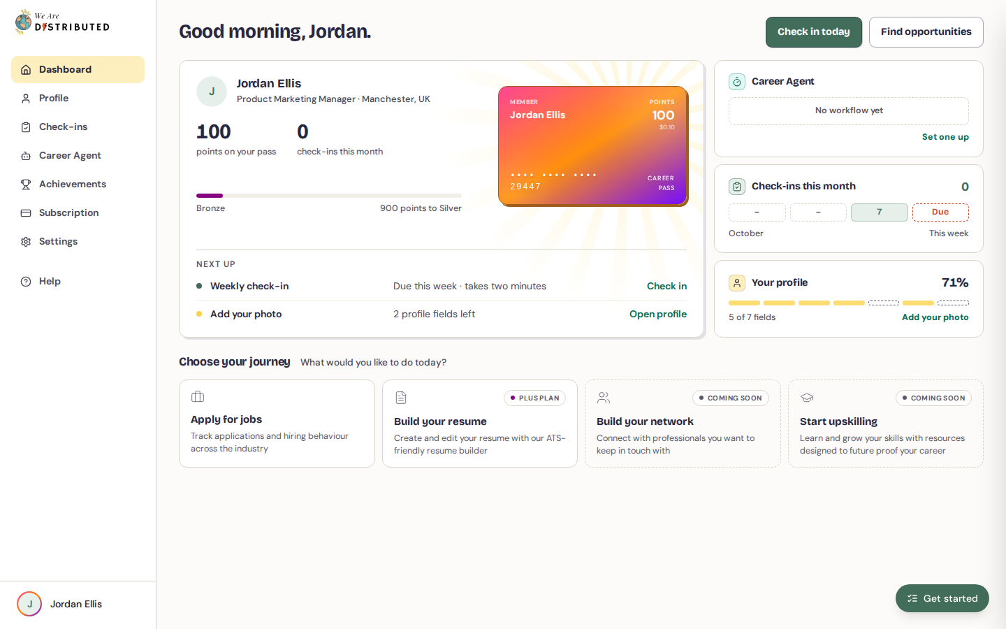 Career dashboard with Check in today and Find opportunities buttons, the Career Pass card, Next up, and side panels