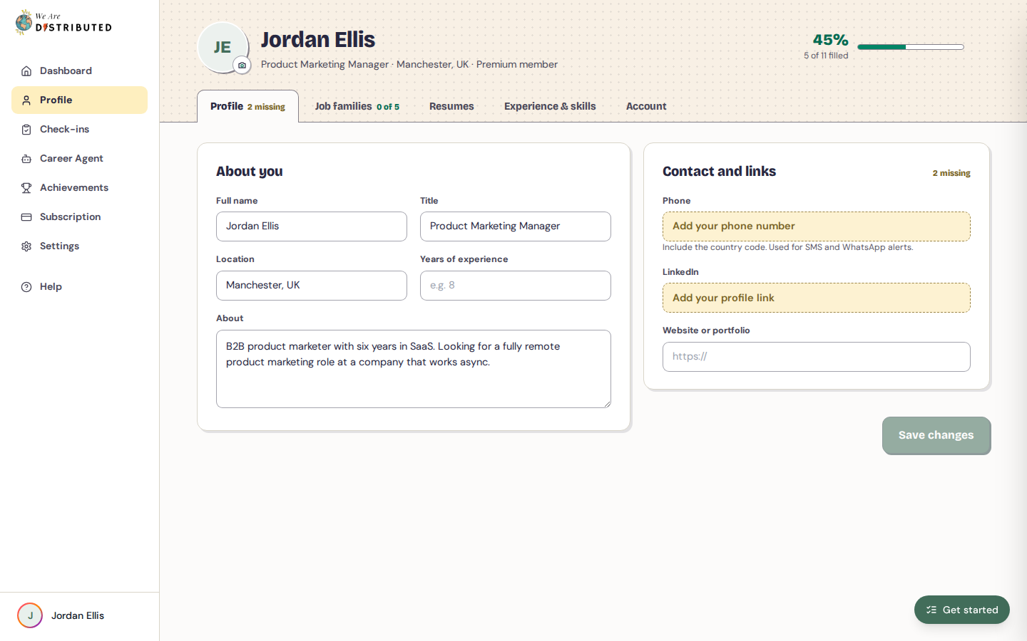 Profile page with the Profile, Job families, Resumes, Experience & skills and Account tabs
