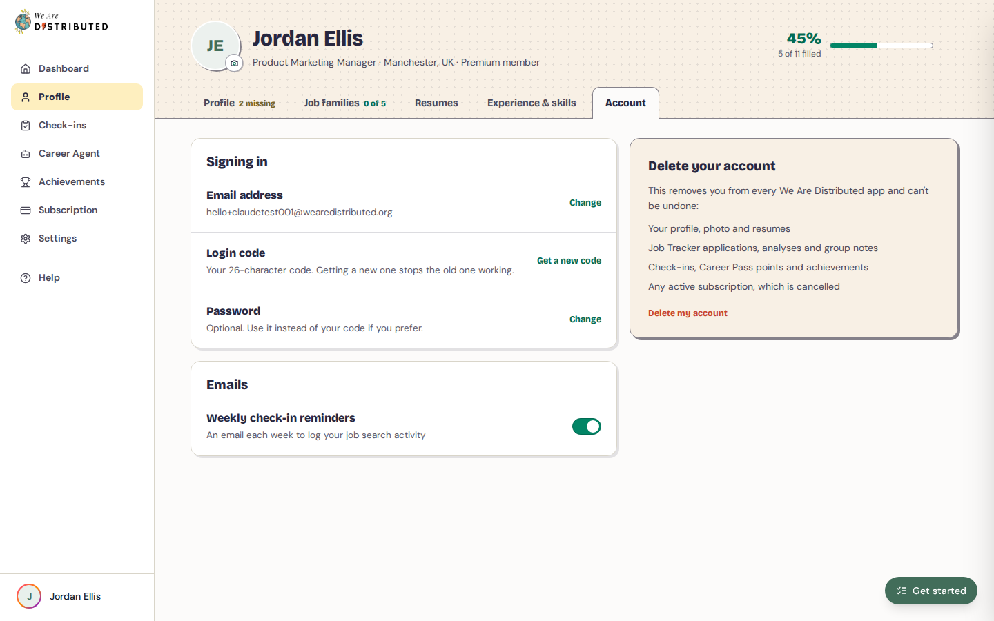 Profile Account tab with Change next to Password