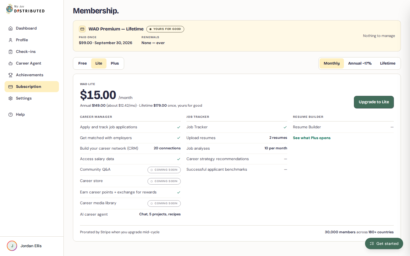 Membership page with the membership card, plan picker and plan comparison
