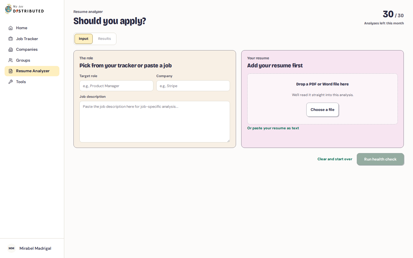 Resume Analyzer asking Should you apply? with The role and Your resume panels