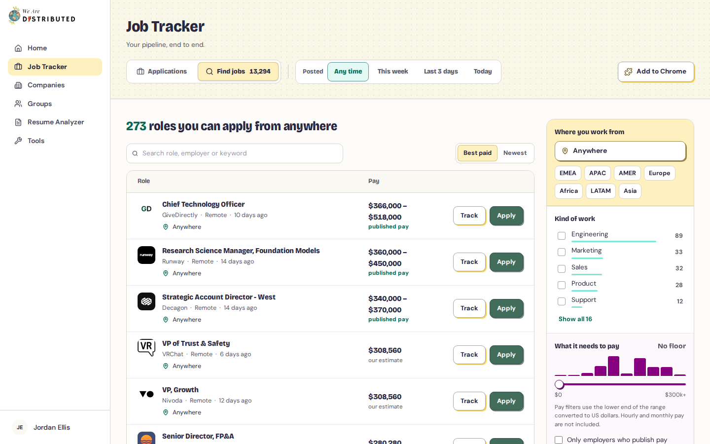 Find jobs tab with the roles list and the Where you work from filters