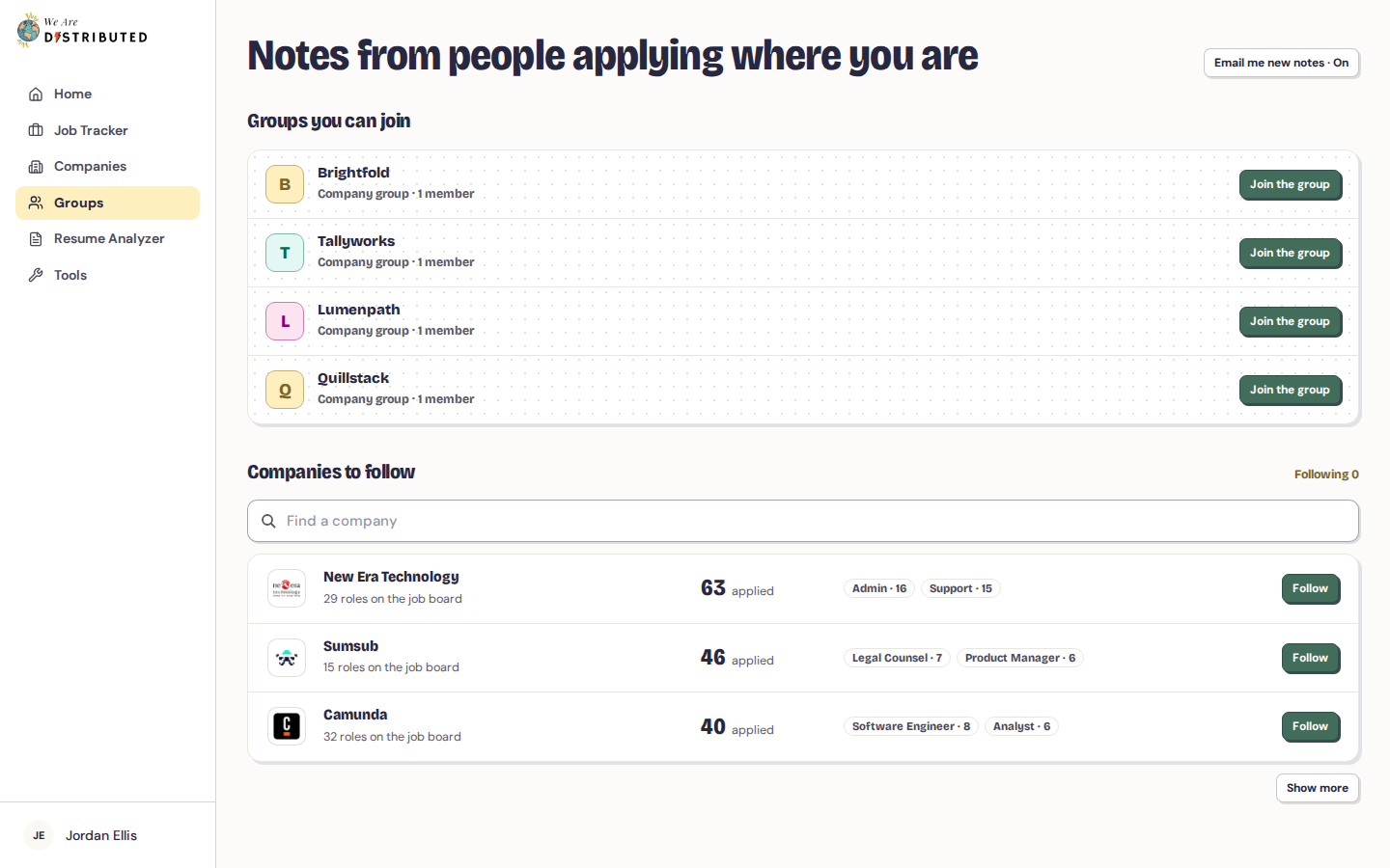 Groups page showing your company groups and groups you can join