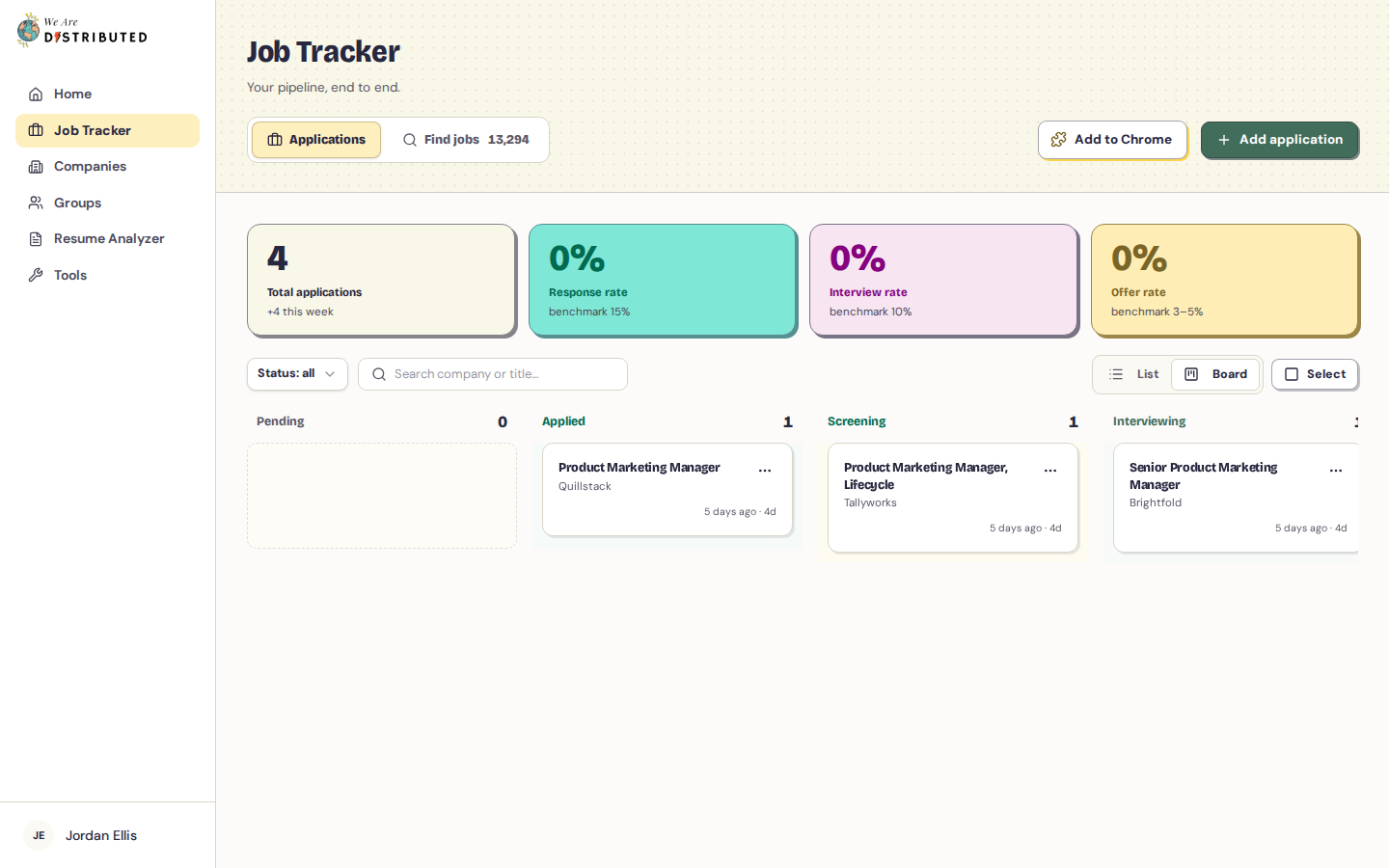 Job Tracker page with pipeline stats and the board view