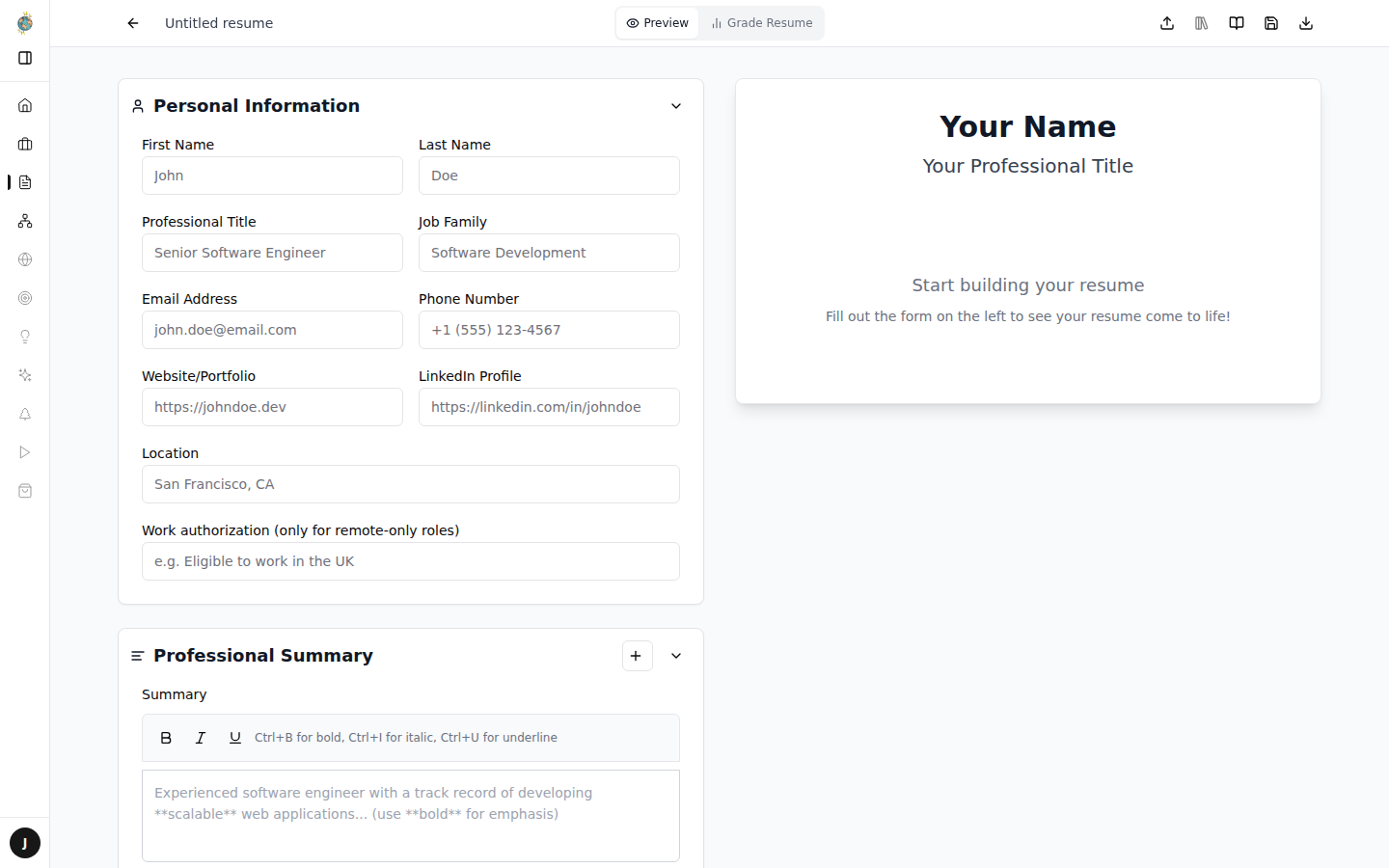 Resume Builder with the form on the left, the live preview on the right, and Preview and Grade Resume at the top